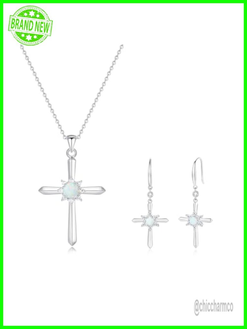Sterling Silver Opal Cross Necklace & Earrings Set 925 Polished